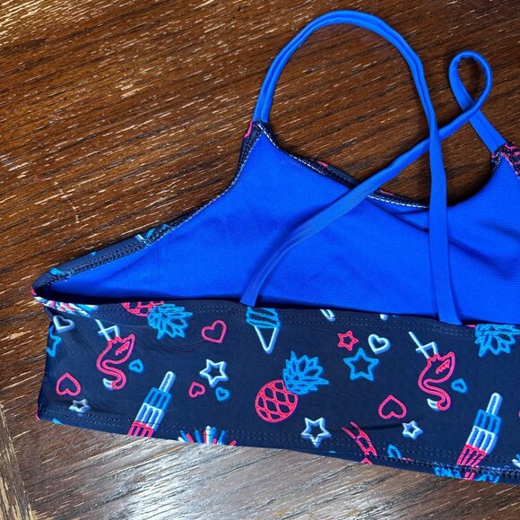 Wonder Nation Girls Swim Top XXL/18 Navy Blue Neon Fireworks Flamingo Print High - Picture 5 of 7